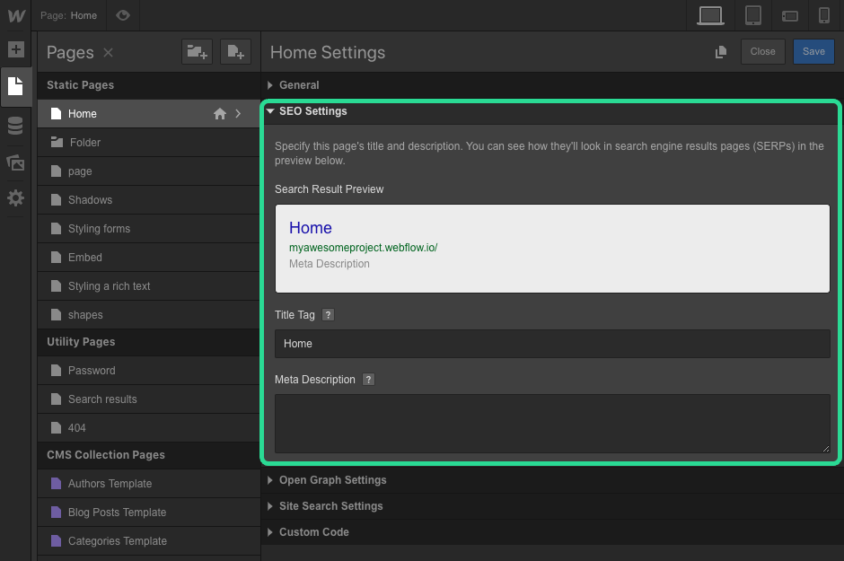 configurações de SEO do webflow